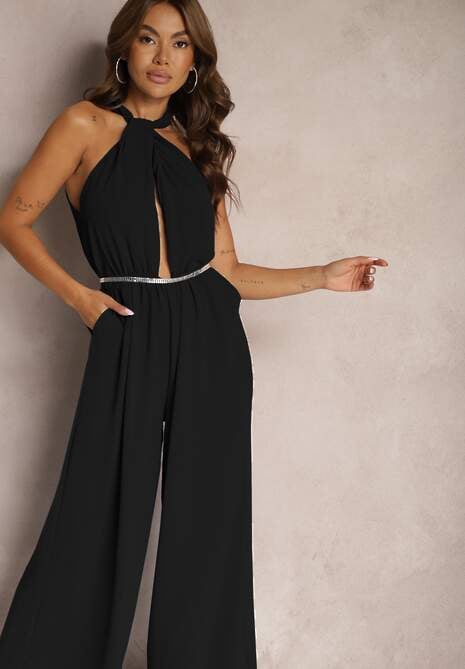 Czarny Taliowany Kombinezon ze Ściągaczem w Talii i Wiązaniem przy Szyi Rivasiris