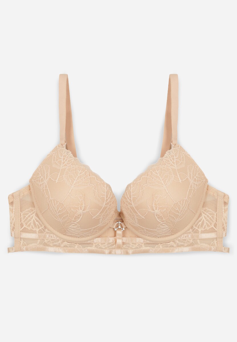 Beżowy Koronkowy Biustonosz w Klasycznym Stylu z Aplikacją Galinassa