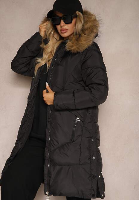 Czarna Kurtka z Pikowanym Przeszyciem Odpinanym Futrem przy Kapturze i Napami u Dołu Zemirya