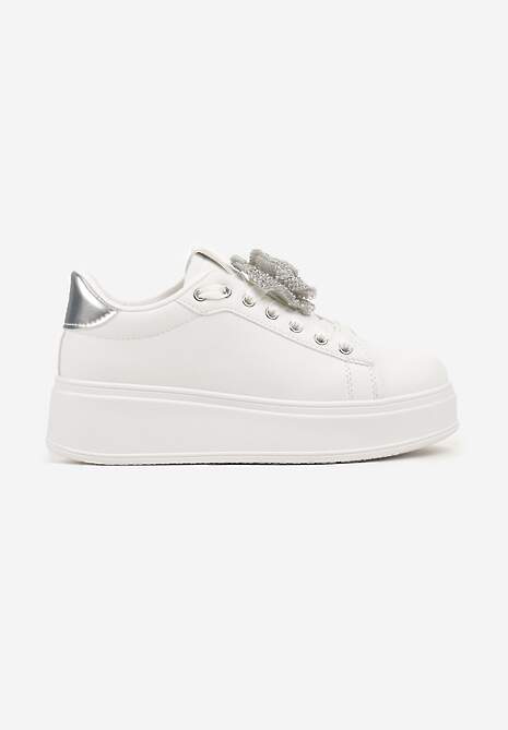 Biało-Srebrne Sneakersy na Platformie z Aplikacją Kwiatu 3D z Cyrkoniami Navilda