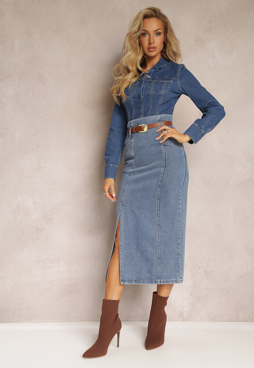 Granatowa Jeansowa Spódnica Ołówkowa z Dodatkowym Paskiem Caladyn