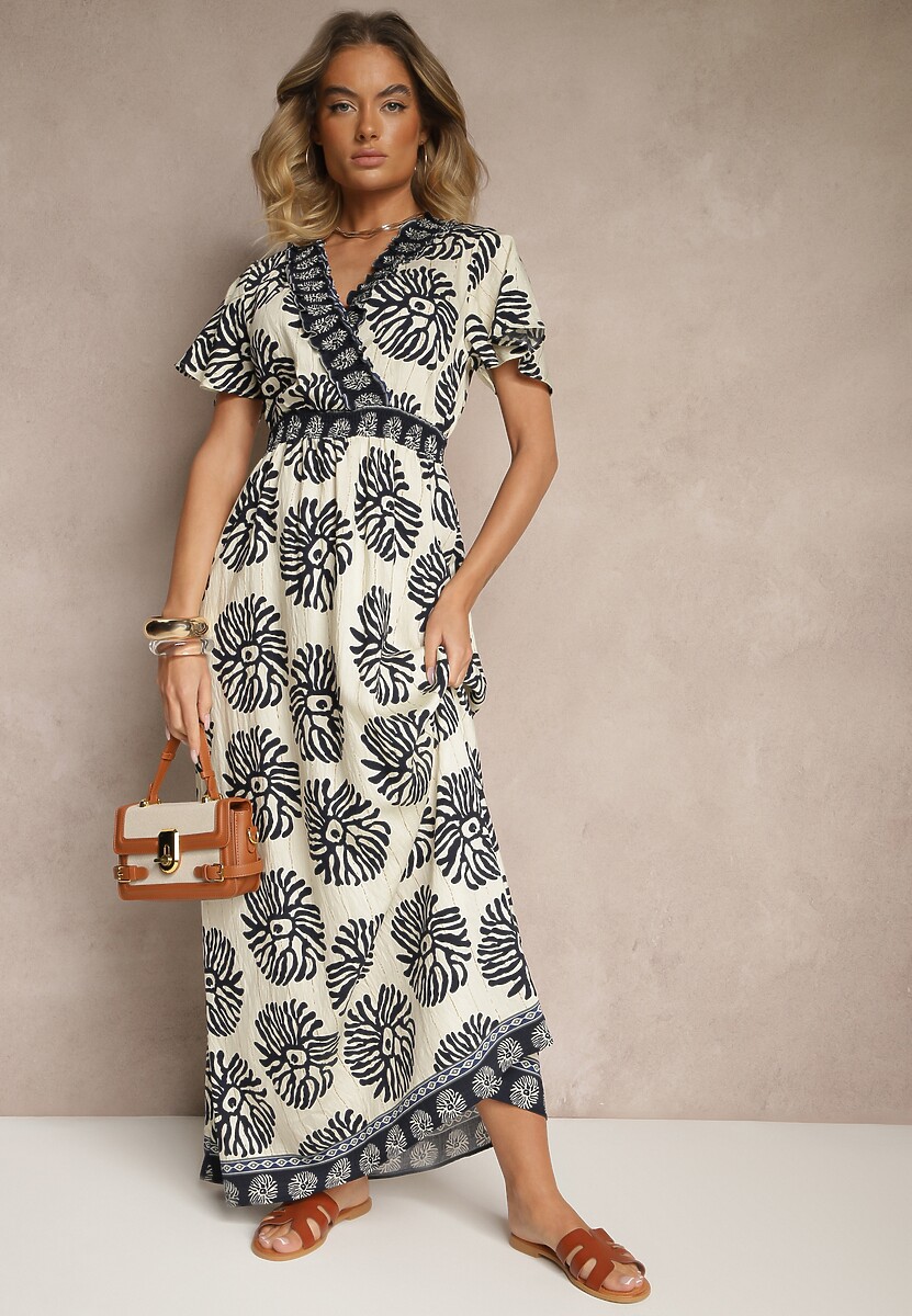 Niebieska Sukienka w Print Boho z Wiskozy Rozkloszowana z Dekoltem V Palarina