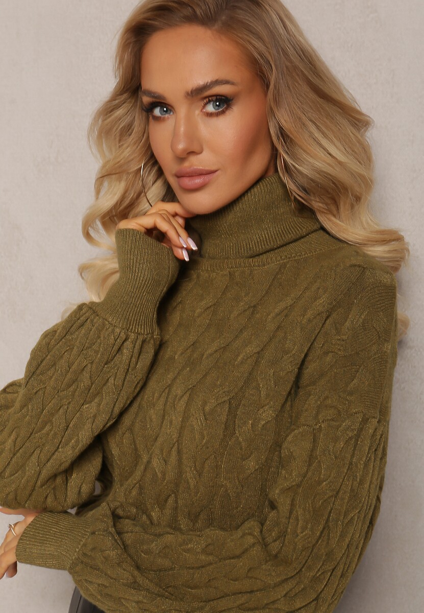 Ciemnozielony Sweterkowy Golf o Warkoczykowym Splocie Taitusi