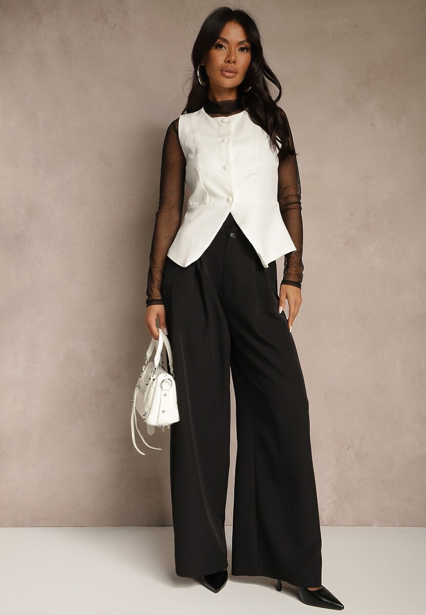 Biało-Czarny Komplet Garniturowy Szerokie Spodnie i Kamizelka Ziorene