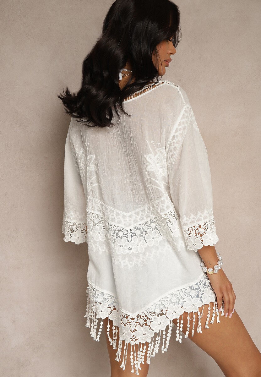 Biała Bluzka z Bawełny Ozdobiona Koronką Frędzlami i Haftem Puviane