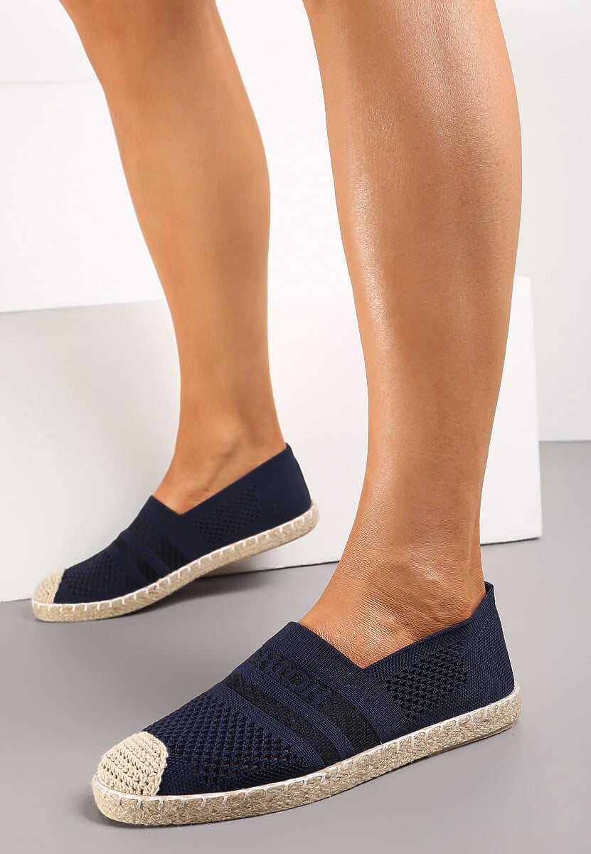 Granatowe Espadryle z Plecioną Cholewką przed Kostkę Mokosa