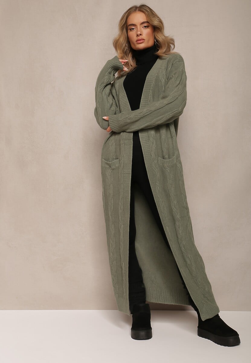 Zielony Kardigan o Wydłużonym Fasonie Niezapinany ze Splotem w Warkocz Ottimia