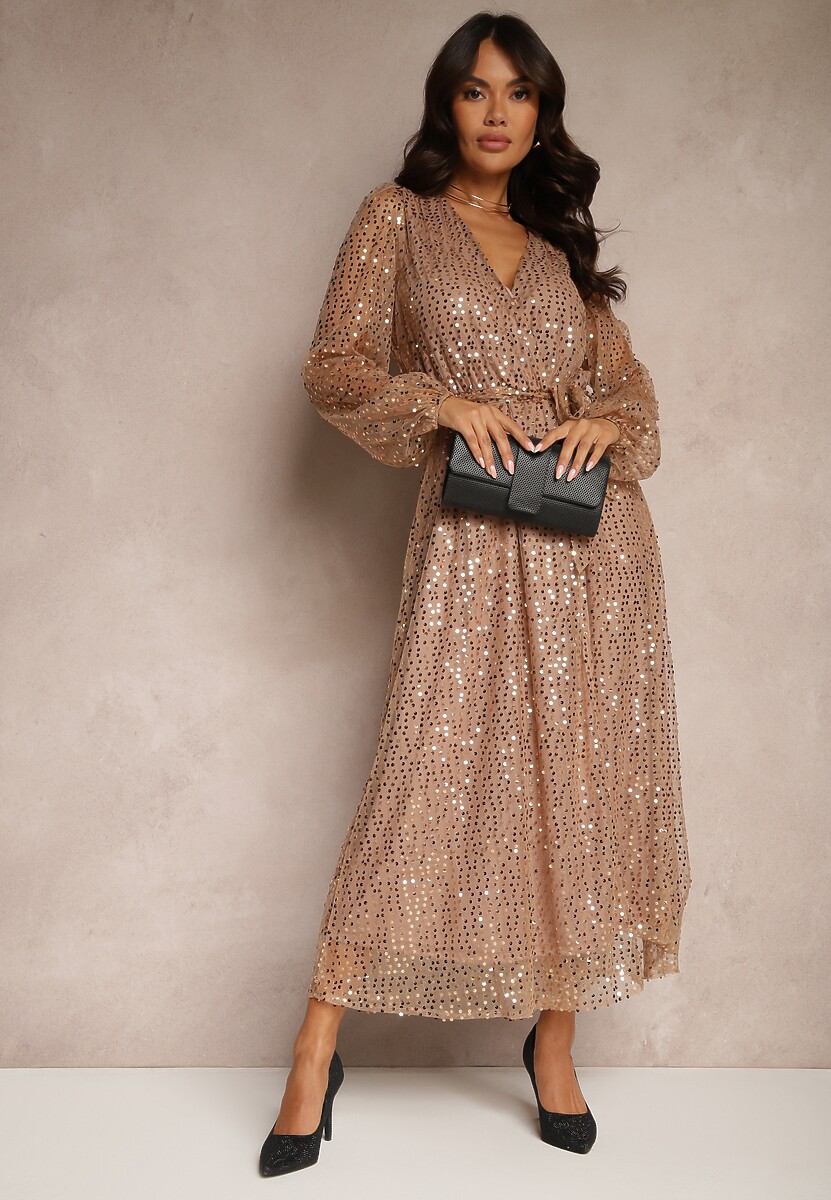 Złota Rozkloszowana Sukienka Koktajlowa z Materiałowy Paskiem i Cekinami Ilige