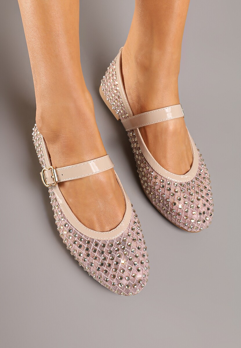 Beżowe Balerinki z Siateczkową Cholewką z Cyrkoniami Adislena
