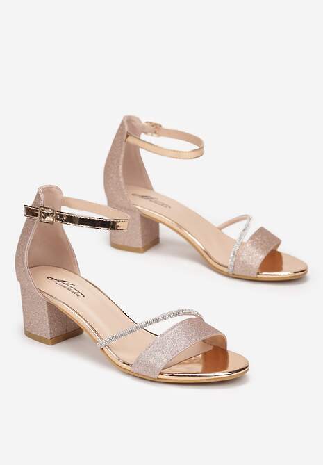 Szampańskie Sandały na Słupku z Brokatem i Paskiem z Cyrkonii Varene