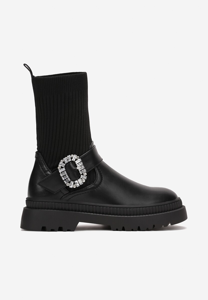 Czarne Botki Workery z Dzianinową Elastyczną Cholewką i Biżuteryjną Klamrą Nalipno