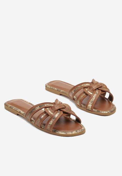 Brązowe Wężowe Klapki Ozdobione Paskami Telonilia