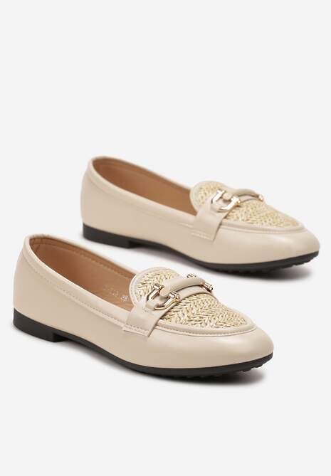 Beżowe Mokasyny na Płaskiej Podeszwie z Ekoskóry Zdobione Plecionką i Klamrą Trezzana