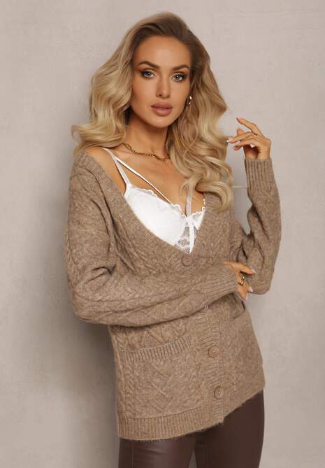 Beżowy Zapinany Kardigan z Trójkątnym Dekoltem i Warkoczykowy Splot Juessa