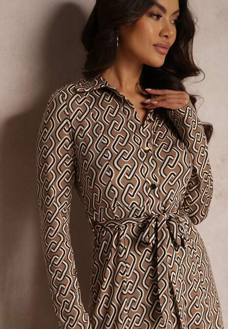 Beżowa Sukienka Koszulowa z Długim Rękawem i Wiązanym Paskiem Salar