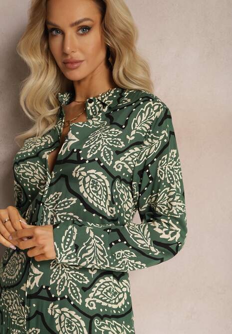 Ciemnozielona Sukienka Koszulowa w Kwiaty Kolni