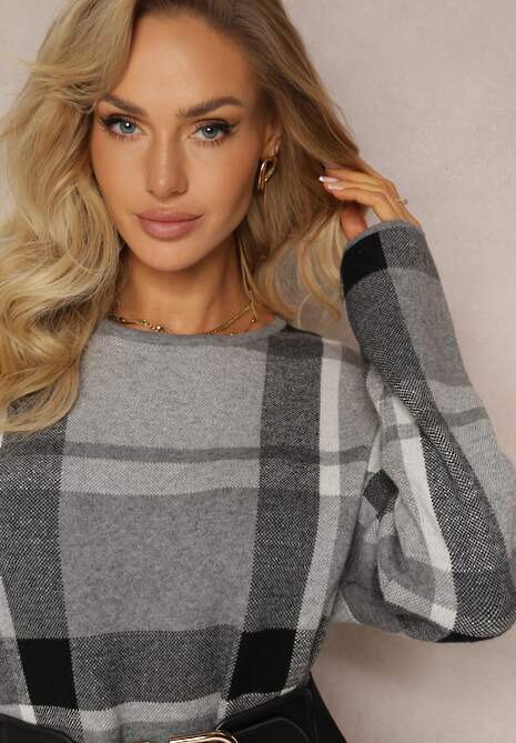 Szara Dzianinowa Sukienka Midi Ozdobiona Wzorem w Kratę Bimara