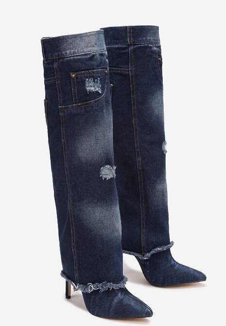 Niebieskie Kozaki Na Szpilce z Jeansu Ozdobione Przetarciami i Dziurami Cikase