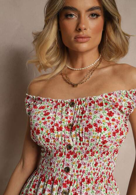 Biało-Różowa Bawełniana Sukienka z Guzikami o Rozkloszowanym Kroju w Kwiatowy Print Roniselle