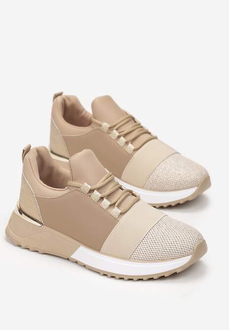 Ciemnobeżowe Sneakersy z Elastyczną Cholewką przed Kostkę i Brokatem Dalapa