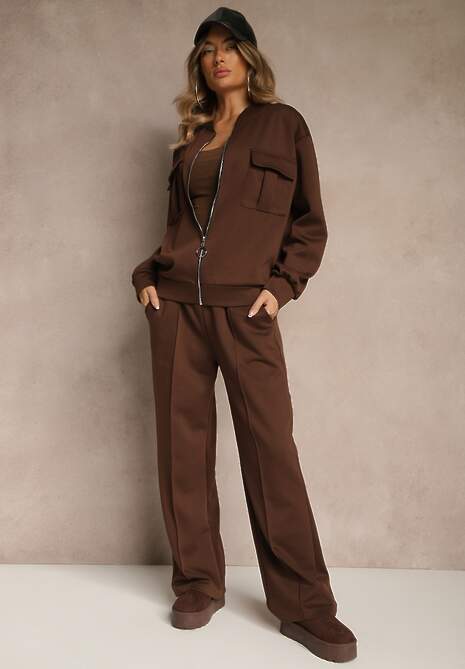 Brązowy Komplet Dresowy z Bawełny Zasuwana Bluza i Spodnie Teviora
