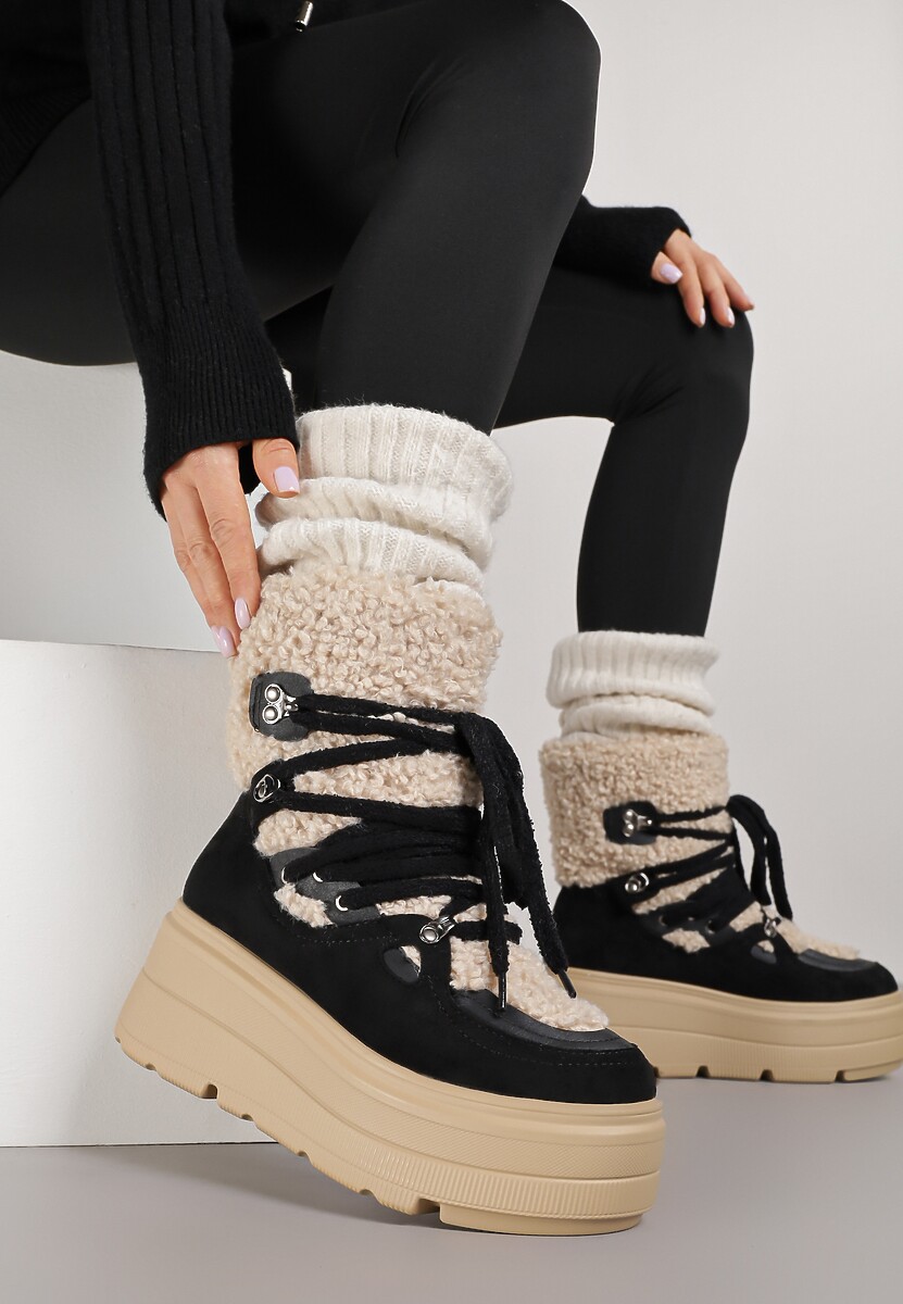 Czarne Śniegowce na Grubej Podeszwie ze Sznurowaną Cholewką z Futerkiem Zerisa