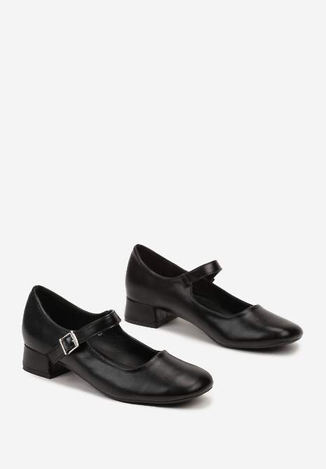 Czarne Klasyczne Czółenka Zdobione Paskiem i Sprzączką na Niskim Obcasie Vittia