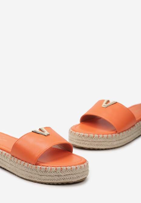 Pomarańczowe Klapki na Pasku Metalowa Ozdoba Podeszwa z Ozdobnie Plecionej Juty Raskia