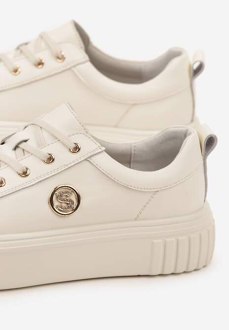 Beżowe Sneakersy na Platformie ze Skóry Naturalnej z Metaliczną Ozdobą Dolennea