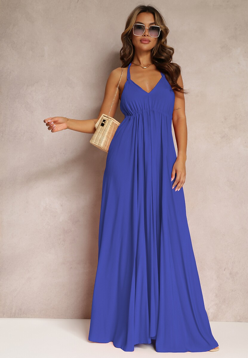 Granatowa Rozkloszowana Sukienka Bawełniana z Wiązaniem na Szyi Panethea