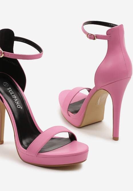 Różowe Sandały na Szpilce i Platformie z Paskiem Wokół Kostki Napelle