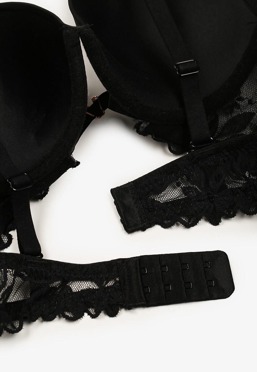 Czarny Biustonosz Push-Up z Koronką i Wycięciem z Przodu Sariaris