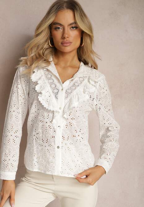 Biała Bawełniana Koszula z Koronką i Falbanką Przy Dekolcie ze Stójką Barisana
