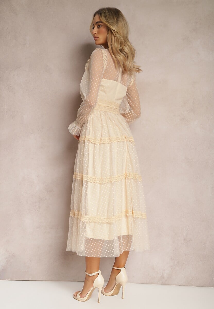 Beżowa Koronkowa Sukienka Rozkloszowana z Falbanką Faberlla