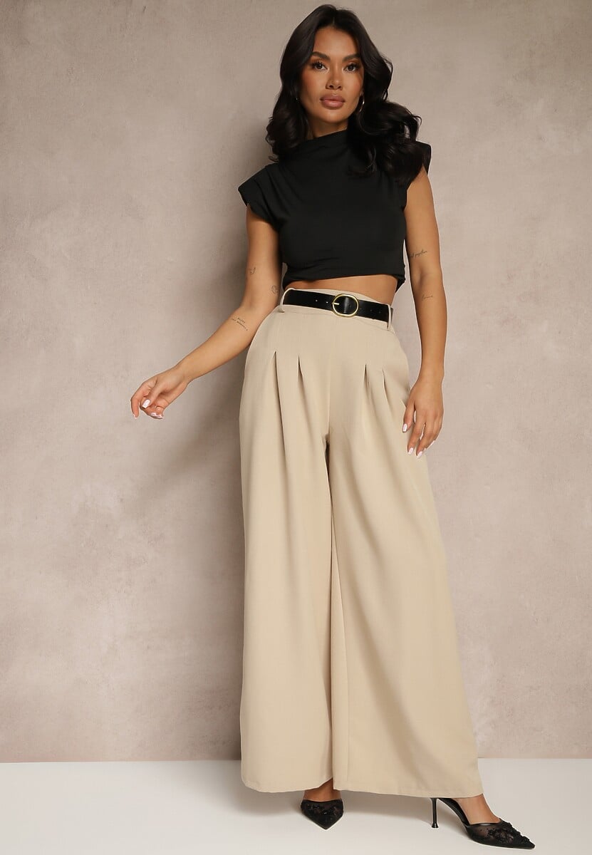 Beżowe Eleganckie Szerokie Spodnie Garniturowe z Wiskozą Ozdobione Paskiem Ravinae