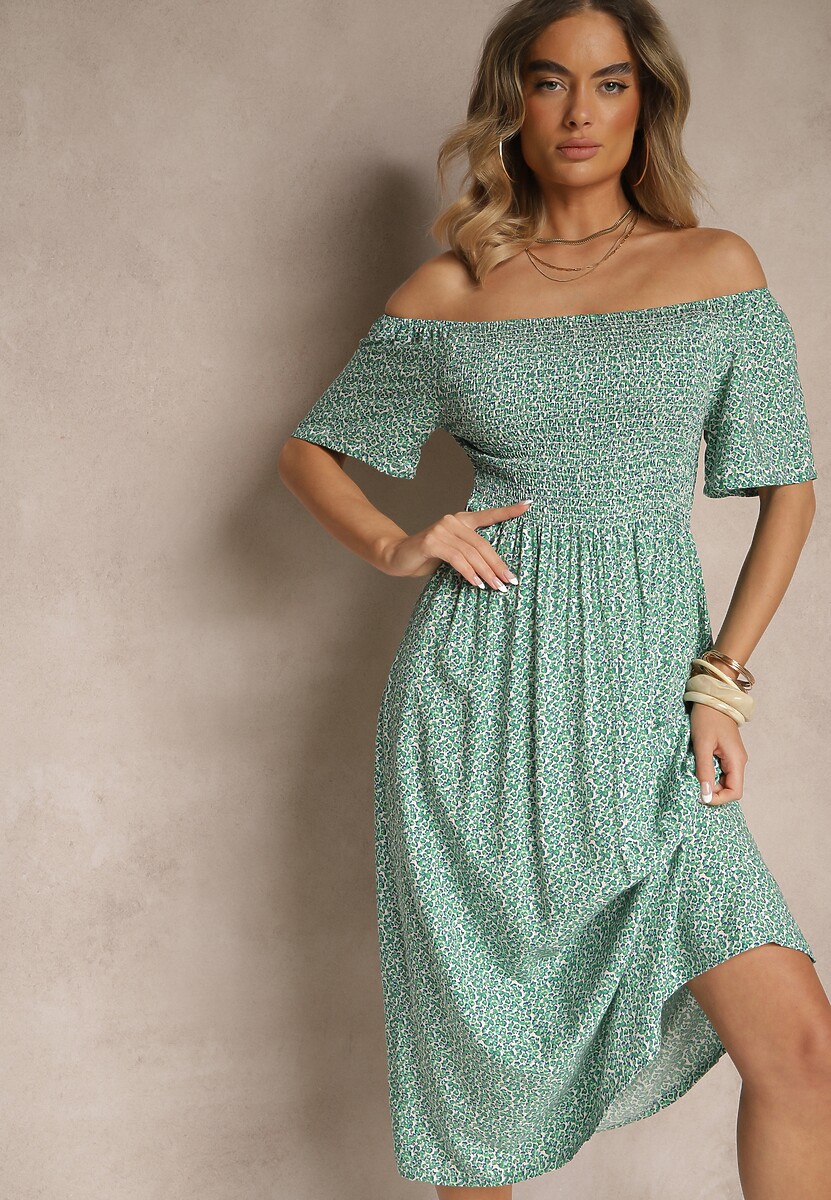 Zielona Bawełniana Sukienka Hiszpanka o Rozkloszowanym Kroju w Kwiaty Sadique