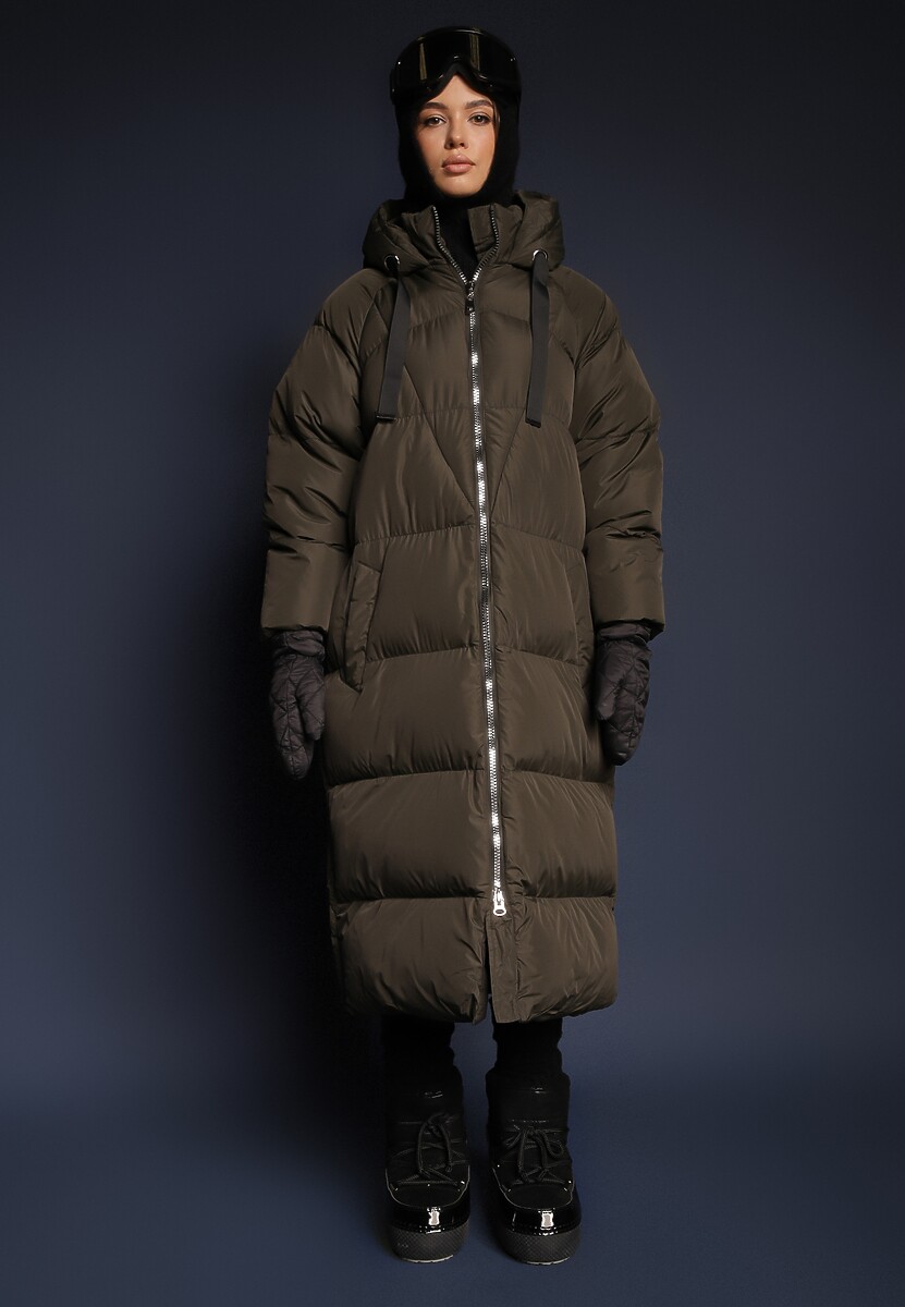 Czarna Długa Kurtka Pikowana z Kapturem Serea