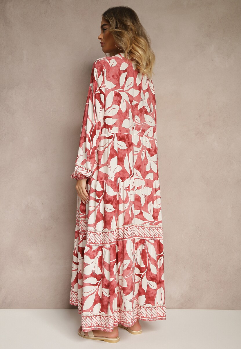 Czerwona Wiskozowa Sukienka Koszulowa w Liście Lioelene