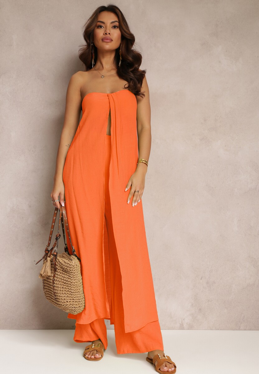 Zielony 2-częściowy Komplet Długi Top i Spodnie z Gumką w Pasie i Szerokimi Nogawkami Bincina