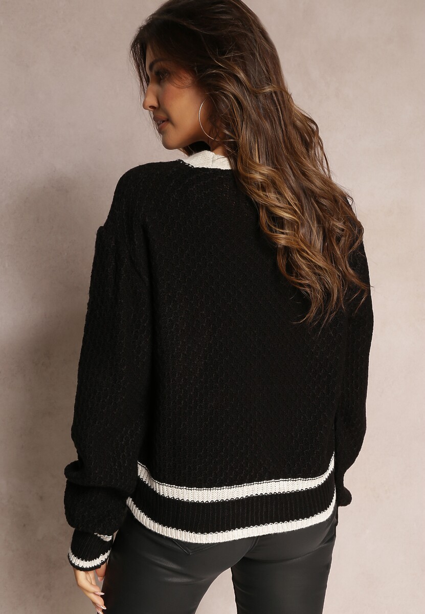 Czarny Kardigan z Dzianiny z Ozdobną Lamówką i Guzikami Amesta