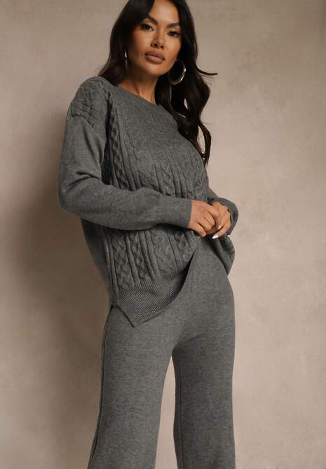 Ciemnoszary Dzianinowy Komplet z Wełną w Warkoczowy Splot Spodnie i Sweter Reinette