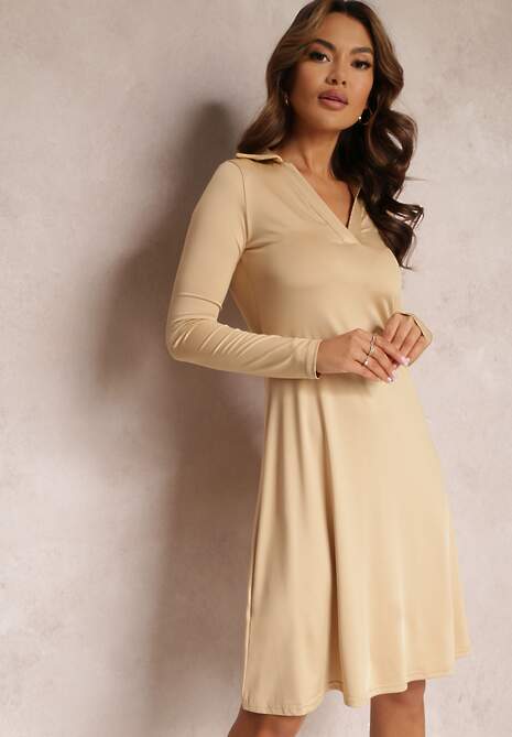 Beżowa Sukienka z Kołnierzykiem Moritte