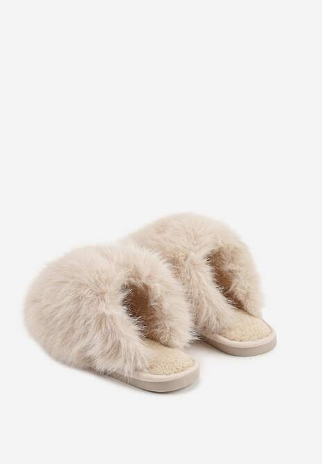 Ciemnobeżowe Miękkie Kapcie Ozdobione Długim Włosiem Cendria