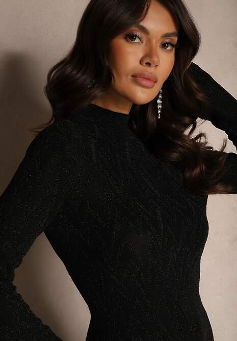 Czarna Koktajlowa Sukienka z Wiskozą o Dopasowanym Kroju z Wycięciami po Bokach Iliena