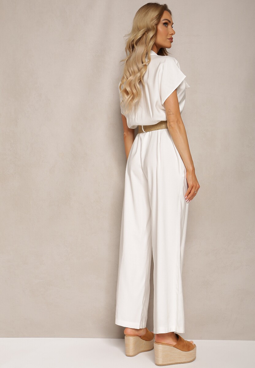 Biały Kombinezon w Stylu Utility z Koszulową Górą i Plecionym Paskiem Dexara