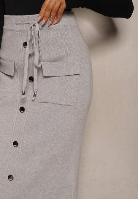 Jasnoszara Spódnica Ołówkowa z Kaszmirem High Waist z Ozdobnymi Guzikami i Kieszeniami Edithwen