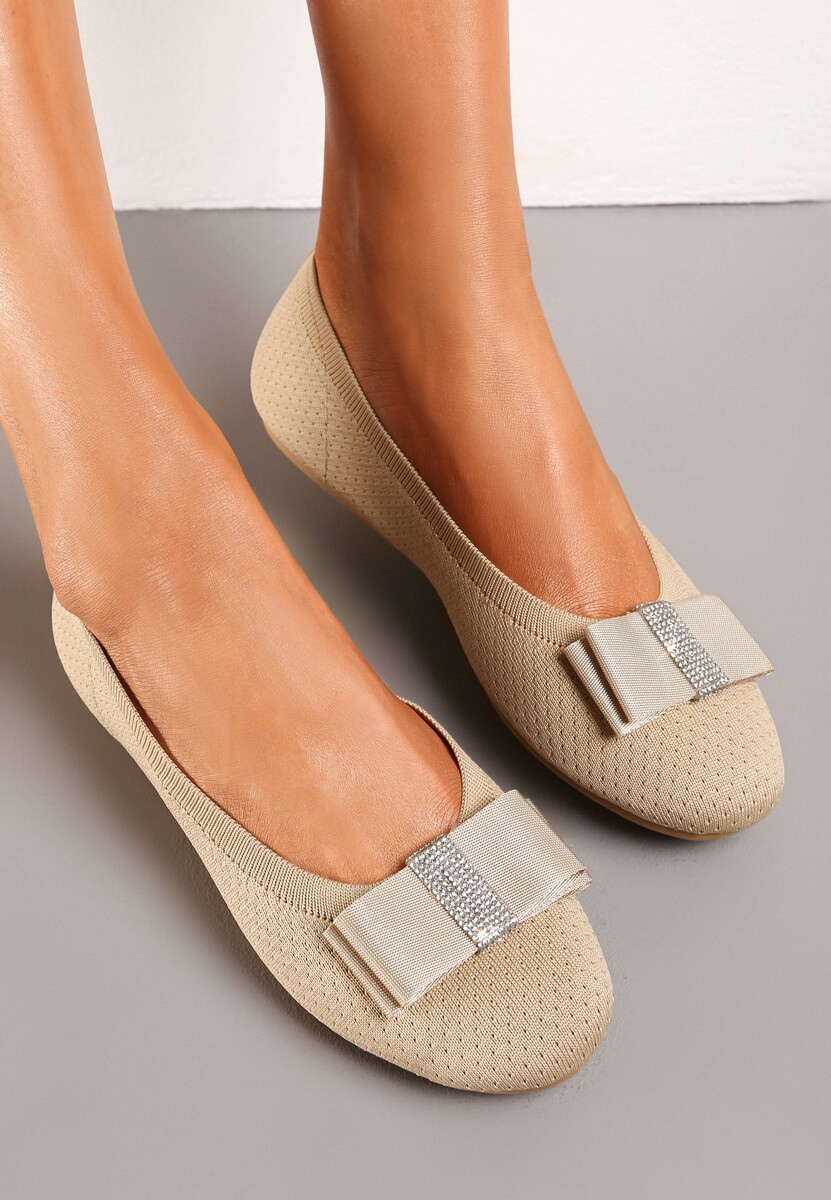 Szare Płaskie Balerinki z Perforacją i Kokardą z Cyrkoniami Tulilla