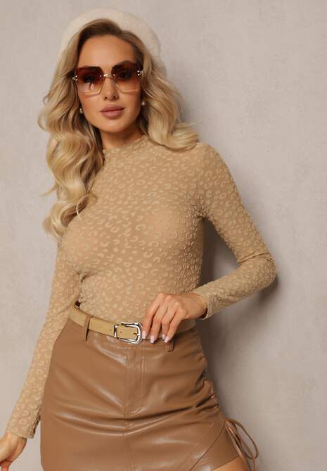 Ciemnobeżowa Bluzka w Cętki z Lekko Prześwitującej Tkaniny Tuomela