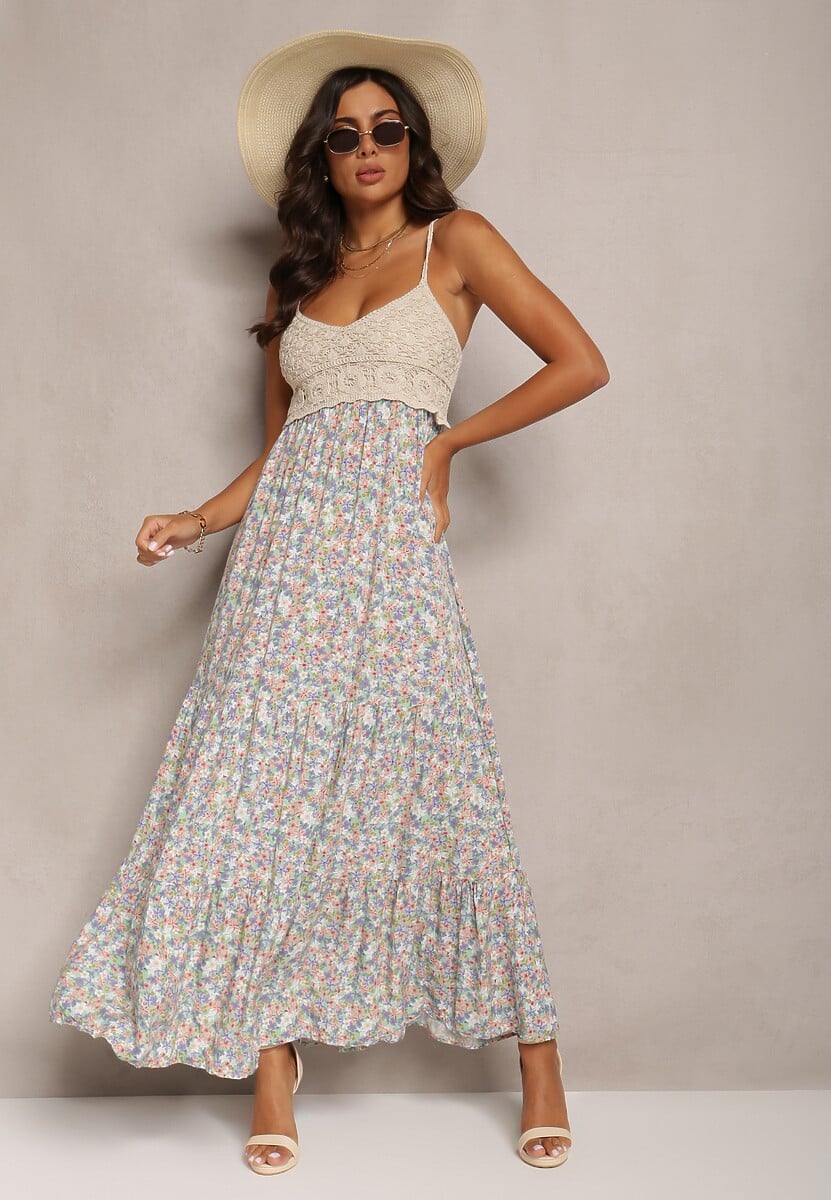 Niebiesko-Zielona Maxi Wiskozowa Sukienka o Rozkloszowanym Fasonie w Kwiaty Ozdobiona Szydełkowym Wzorem Damrea