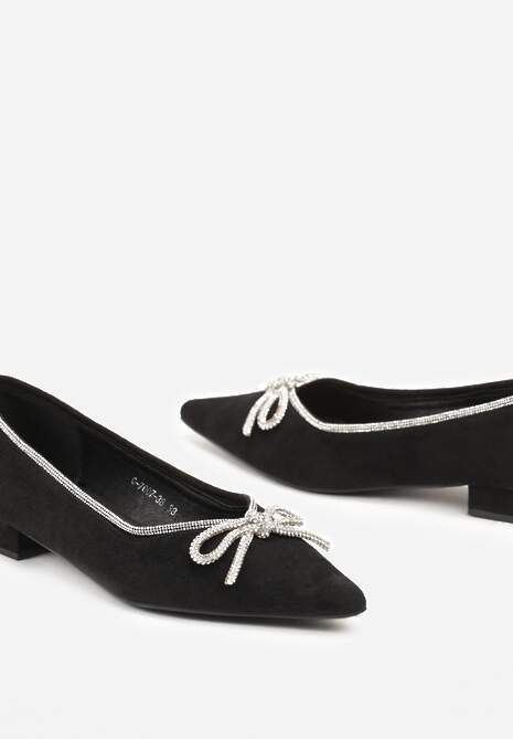Czarne Płaskie Balerinki z Cyrkoniową Kokardą Evalene